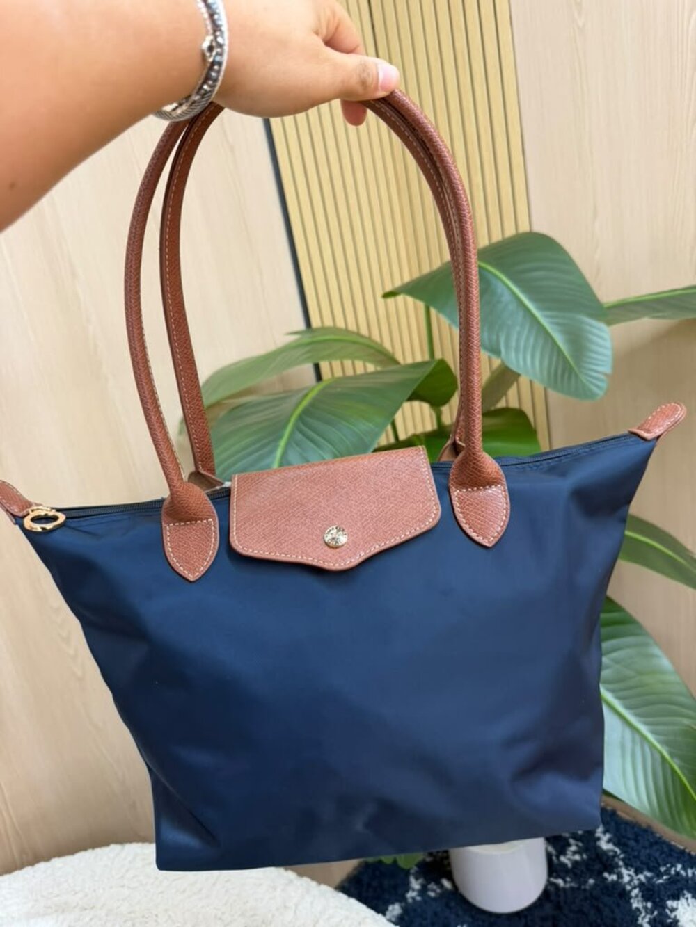Navy Nylon Tote Bag with Faux Leather Trim & Zip Closure